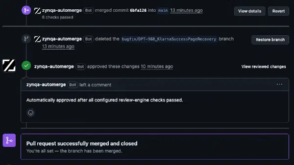 Auto-merge gate: the bot approves and merges the pull request after all configured checks pass