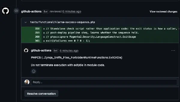PHPCS inline comment: exit/die is forbidden in module code