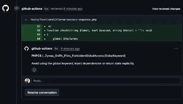 PHPCS inline comment: the global keyword is forbidden