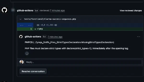 PHPCS inline comment: a PHP file is missing declare(strict_types=1)